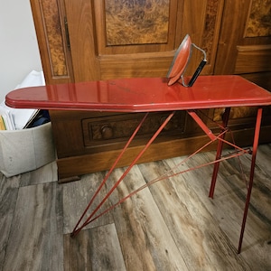 Cute Vintage Red Metal Child&#39;s Ironing Board with Iron