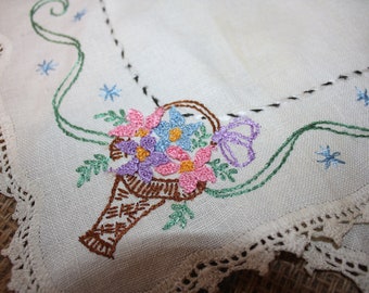 Set of Two Hand Embroidered Linen Doilies FREE SHIPPING
