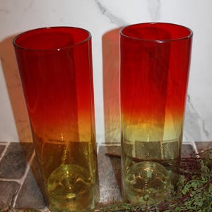 RARE Color Combo Set of Two 12 Inch TALL Blenko Red to Amber Candle Chimneys with Clear Weighted Candlestick Holders