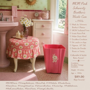 May include: A pink waste can with a daisy graphic, approximately 10 inches tall, and a matching floral-patterned stool. The scene is a retro-style bathroom with pink tiles and a sink.
