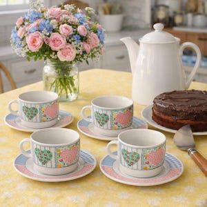 May include: Four ceramic teacups and matching saucers decorated with a patchwork pattern of green and pink hearts on a white background. A white teapot, a chocolate cake on a plate, and a glass vase filled with pink and blue flowers are present.