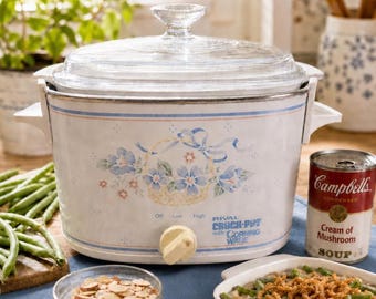 RARE FIND! Vintage 1980's Country Cornflower Rival Crock Pot with Corning Casserole Dish Insert and Pyrex Lid