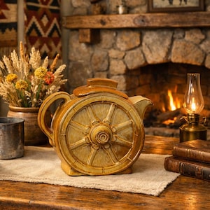 May include: A round, glazed ceramic teapot featuring a raised wagon wheel design on its side. The teapot is finished in a warm, earthy mustard-brown tone with a matching lid, a curved handle, and a short spout, resting on a flat base.