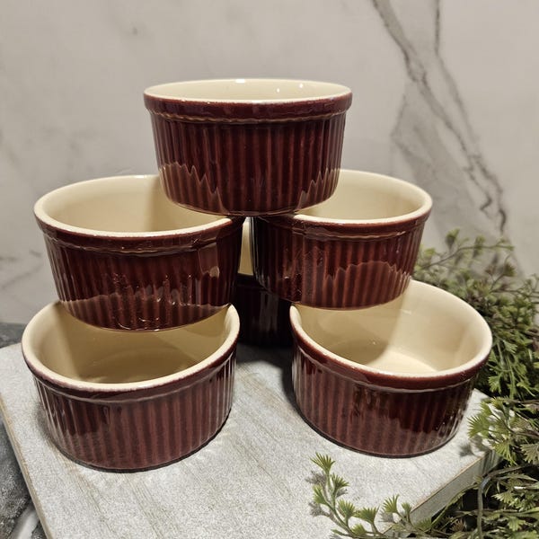 Set of Six Vintage Brown Oven Proof Stoneware Emile Henry Ramekins
