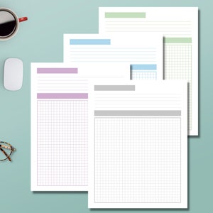 May include: Four printable planner pages with different layouts. The top page has green lines and a grid. The second page has blue lines and a grid. The third page has a purple header and a grid. The fourth page has a gray header and a grid.