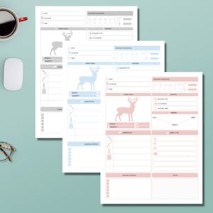 Puede incluir: Tres páginas de registro de caza imprimibles con siluetas de ciervos. Cada página tiene secciones para la fecha, la ubicación, la hora, las condiciones climáticas, el tipo de caza, el área objetivo, el peso, la cantidad, la munición, la estrategia de caza y las notas.