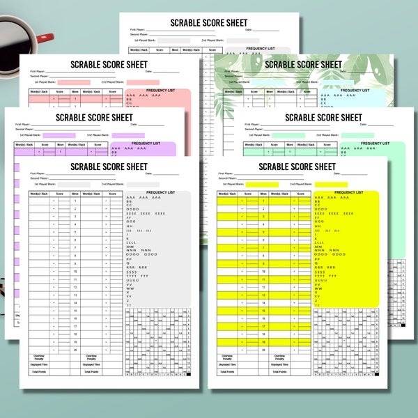 Scrabble Score Sheet, Letter Sized, 7 Colors/Designs, Digital Download, Print At Home