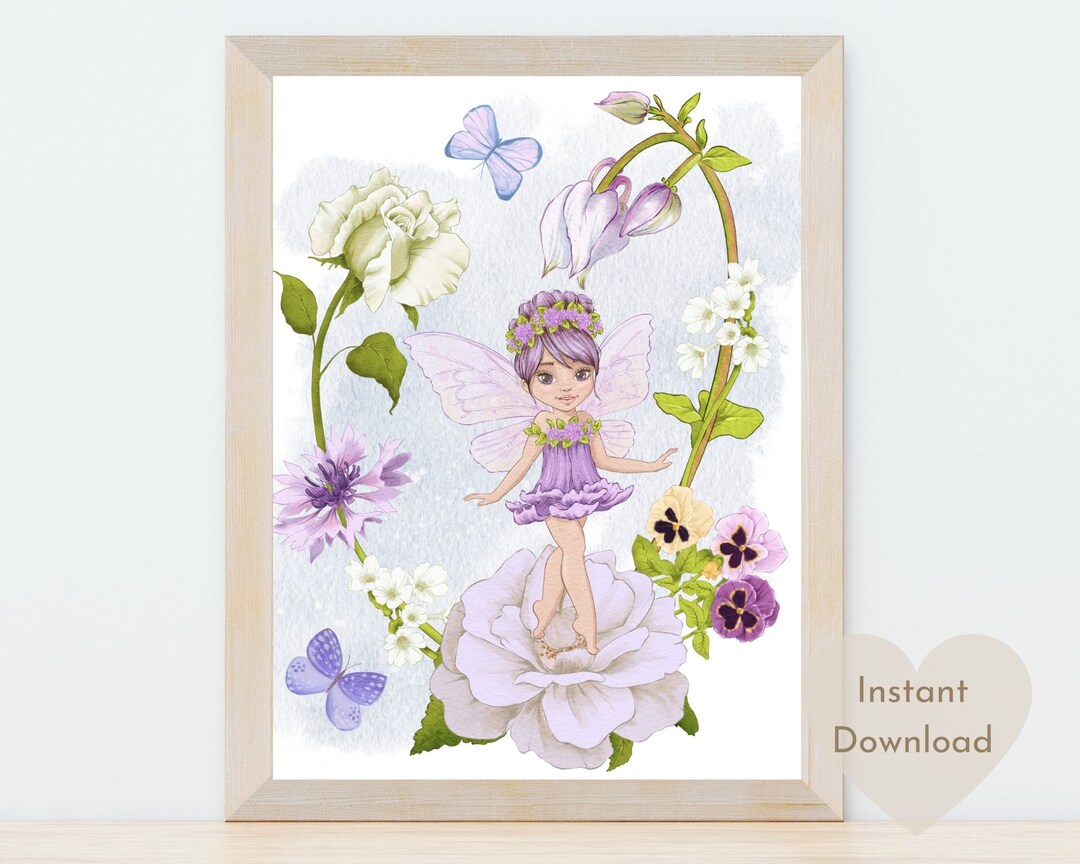 Fairy Garden Wall Art, Fairy Nursery Print, Purple Flower Fairy, Fairy