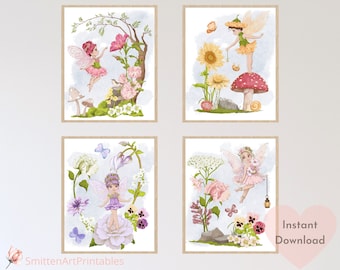 Fairy Garden Wall Art - Set di 4, Fairy Nursery Print, Flower Fairy Print, Fairy Wall Art, Fairy Garden Printable, Girls Room Decor
