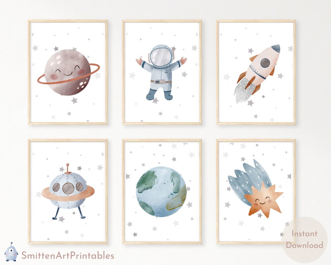 Space Themed Wall Art for Nursery - Set of 6, Boys Room Decor ...