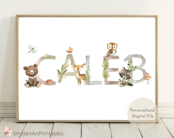 Printable Baby Boy Name Sign, Boy Baby Name Sign, Personalised Baby Gift for Nursery, Woodland Boy Nursery Decor, Printable Baby Name Sign
