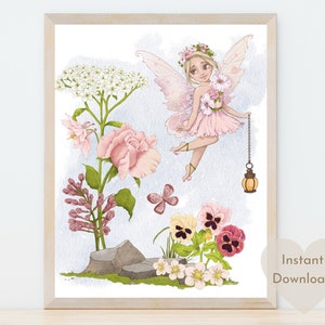 Fairy Garden Art, Fairy Nursery Print,  Blush Pink Flower Fairy, Fairy Wall Art, Fairy Garden Printable, Baby Shower Gift, Pink Nursery Art