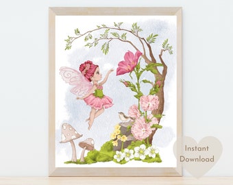 Fairy Garden Wall Art, Fairy Nursery Print, Pink Flower Fairy, Fairy Wall Art, Fairy Garden Printable, Baby Shower Gift, Girls Room Decor