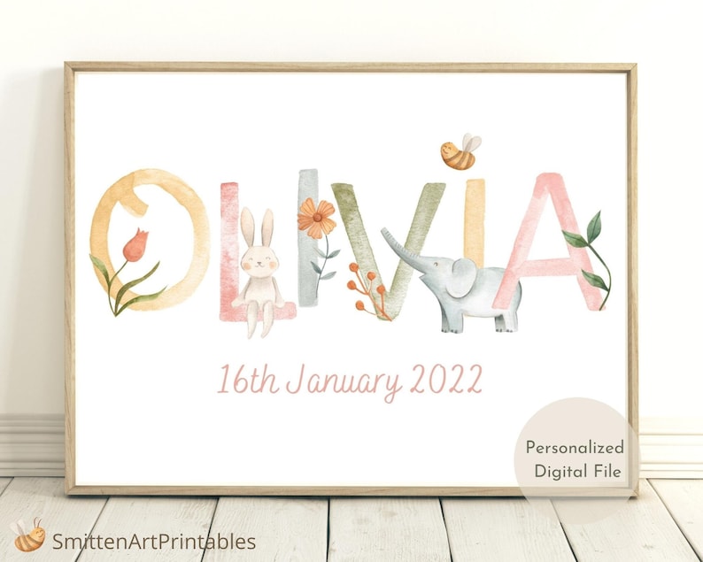 Personalised Baby Girl Name Sign, Girl Baby Name Sign, Personalised Baby Gift for Nursery, Girl Nursery Decor, Printable Baby Name Sign image 1