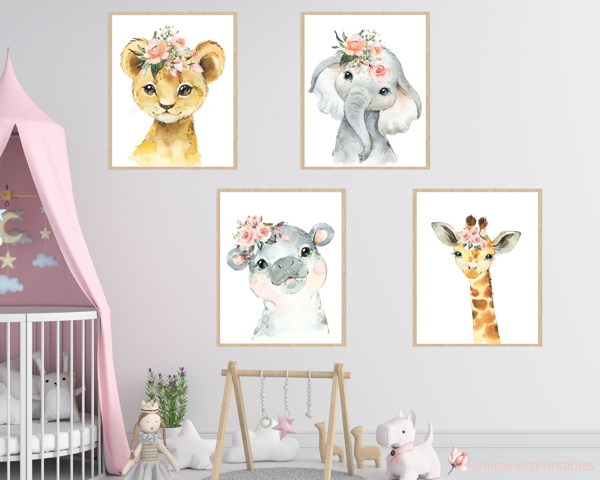 Safari Animals Nursery Prints Set 0f 4, Floral Crown Baby Animals, Pink ...