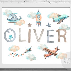 Personalised Airplane Baby Name Sign, Boy Baby Name Sign, Aircraft Wall Art, Printable Baby Name Sign, Personalised Baby Gift for Nursery