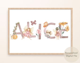 Printable Baby Girl Name Sign, Fairy Name Sign for Girl, Personalised Baby Gift for Nursery, Girl Nursery Decor, Baby Shower Gift for Girl