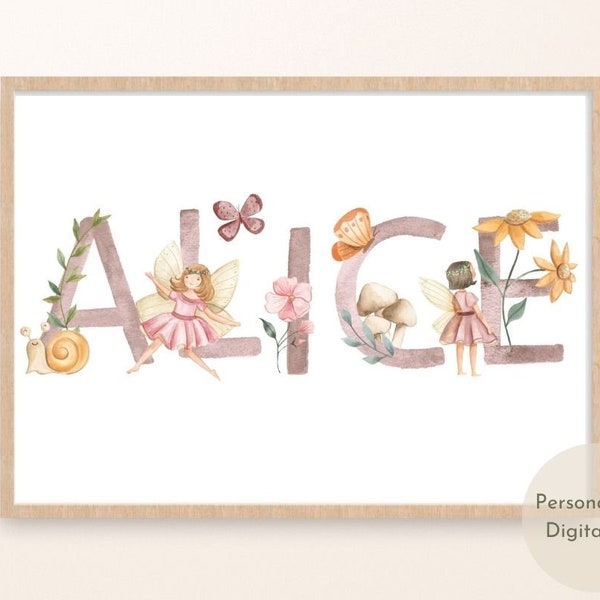 Printable Baby Girl Name Sign, Fairy Name Sign for Girl, Personalised Baby Gift for Nursery, Girl Nursery Decor, Baby Shower Gift for Girl
