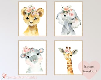 Safari Animals Nursery Prints Set 0f 4, Floral Crown Baby Animals, Pink Flower Nursery Decor, Blush Safari Animal Decor, Baby Shower Gift