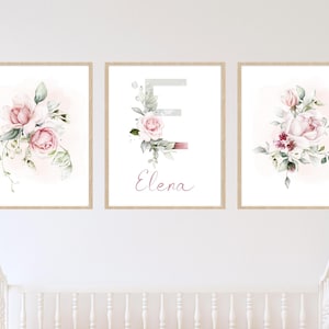 Monograma floral y Ramos, Impresión de arte de vivero floral rosa, Letra inicial rosa, Decoración de vivero de niña, Signo de habitación de bebé personalizado, Imprimible