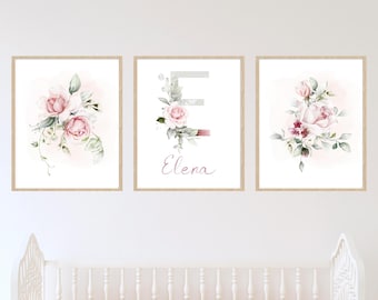 Floral Monogram and Bouquets, Pink Floral Nursery Art Print, Pink Initial Letter, Girl Nursery Decor, Personalised Baby Room Sign, Printable