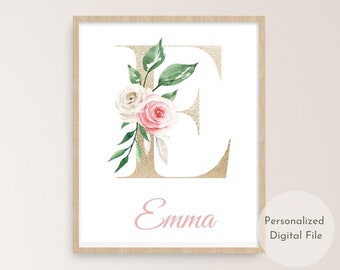 Personalized Monogram and Name For Girl, Gold Floral Letter, Initial Wall Art, Printable Wall Art, Baby Girl Nursery Decor, Baby Shower Gift