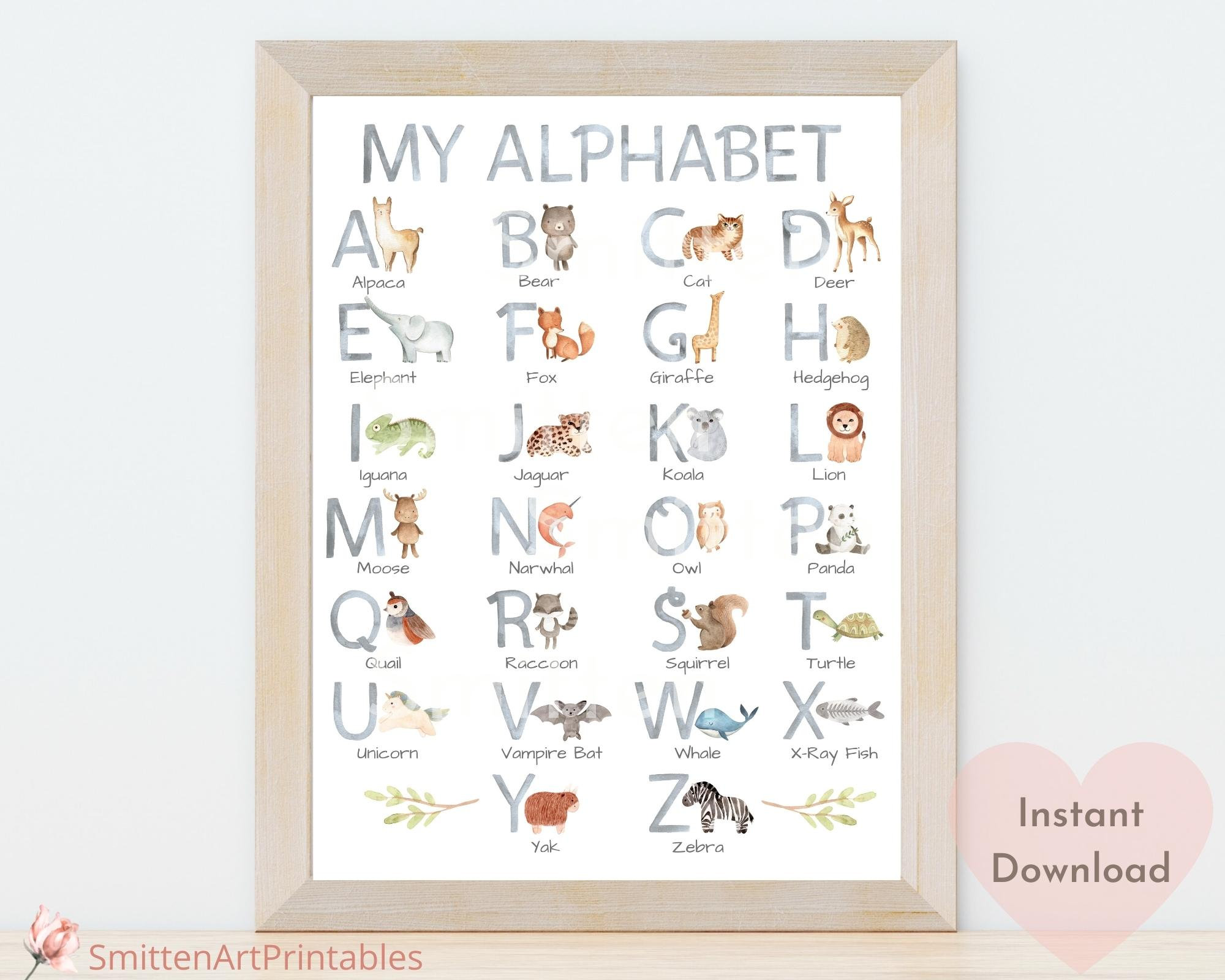 Animal Alphabet Poster, Educational Poster, ABC Print, Watercolor Alphabet, Boy Nursery Decor, Watercolor Alphabet, Denim, Blue Nursery