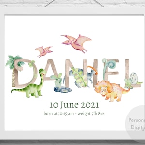 Personalisiertes Dinosaurier-Baby-Namensschild, Jungen-Baby-Namensschild, Dinosaurier-Wandkunst, druckbares Baby-Namensschild, personalisiertes Babygeschenk für Kinderzimmer