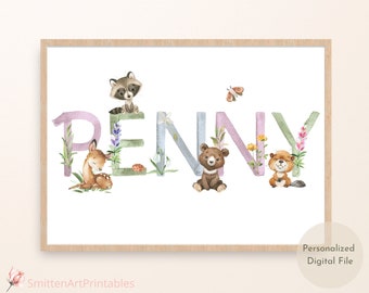 Aquarel baby naam teken, bos dier kwekerij naam teken, baby douche cadeau meisje, gepersonaliseerde naam print, naam teken voor meisjes kinderkamer