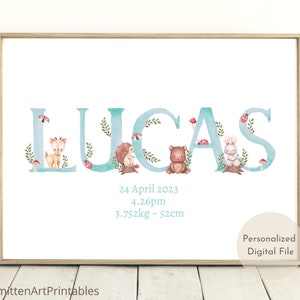 Printable Baby Boy Name Sign, Woodland Animal Baby Name Sign, Personalised Baby Gift for Nursery, Boy Nursery Decor, Printable Nursery Art