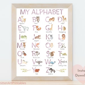 Animal Alphabet Poster, Educational Poster, ABC Print, Watercolor Alphabet, Girl Nursery Decor, Watercolor Alphabet, Lilac, Instant Download