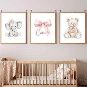 Pink Bow Nursery Name Sign, Coquette Aesthetic with Bow and Plush Animals, Trendy Bow Wall Art Set of 3, Girl Pastel Art, Bear and Elephant