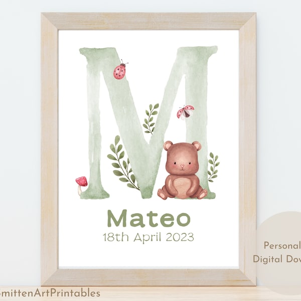 Personalised Forest Theme Monogram, Woodland Animal Name Sign, Boy Nursery, Baby Shower Gift, Digital Name Sign, Printable Nursery Decor