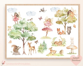 Woodland Wall Art, Watercolor Fairy Art for Nursery, Fairy Garden Nursery Print, Baby Shower Gift, Girls Room Decor, Animal Nursery Wall Art