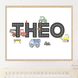 May include: A printable wall art design featuring the name "THEO" spelled out in black and white road signs with construction vehicles and road signs.