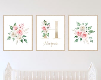 Floral Monogram and Bouquets, Pink Floral Nursery Art Print, Pink Initial Letter, Girl Nursery Decor, Personalised Baby Room Sign, Printable