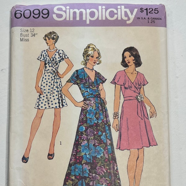 Simplicity Pattern 6099, Vintage sewing pattern, Size 12, Misses front wrap dress pattern