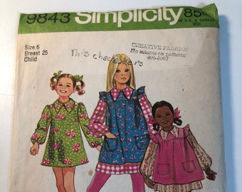 Simplicity Vintage sewing pattern 9843, size 6 child, Childs and girls dress and smock