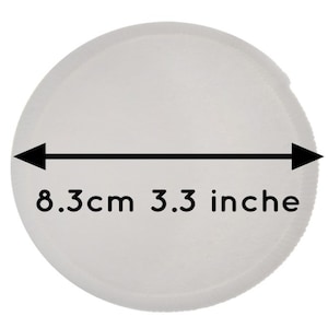 K&ouml;nnte beinhalten: Wei&szlig;e runde Scheibe mit einem schwarzen Pfeil, der nach links und rechts zeigt, mit dem Text "8.3cm 3.3 Zoll" unter den Pfeilen.