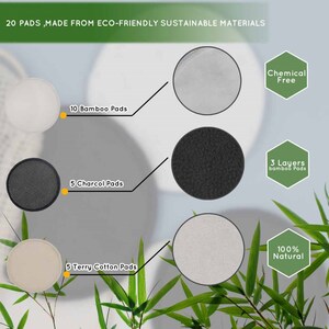 K&ouml;nnte beinhalten: Ein Set mit 20 wiederverwendbaren Abschminkpads aus umweltfreundlichen, nachhaltigen Materialien. Das Set enth&auml;lt 10 Bambuspads, 5 Aktivkohlepads und 5 Frottee-Baumwollpads. Die Pads sind chemikalienfrei und 100 % nat&uuml;rlich.