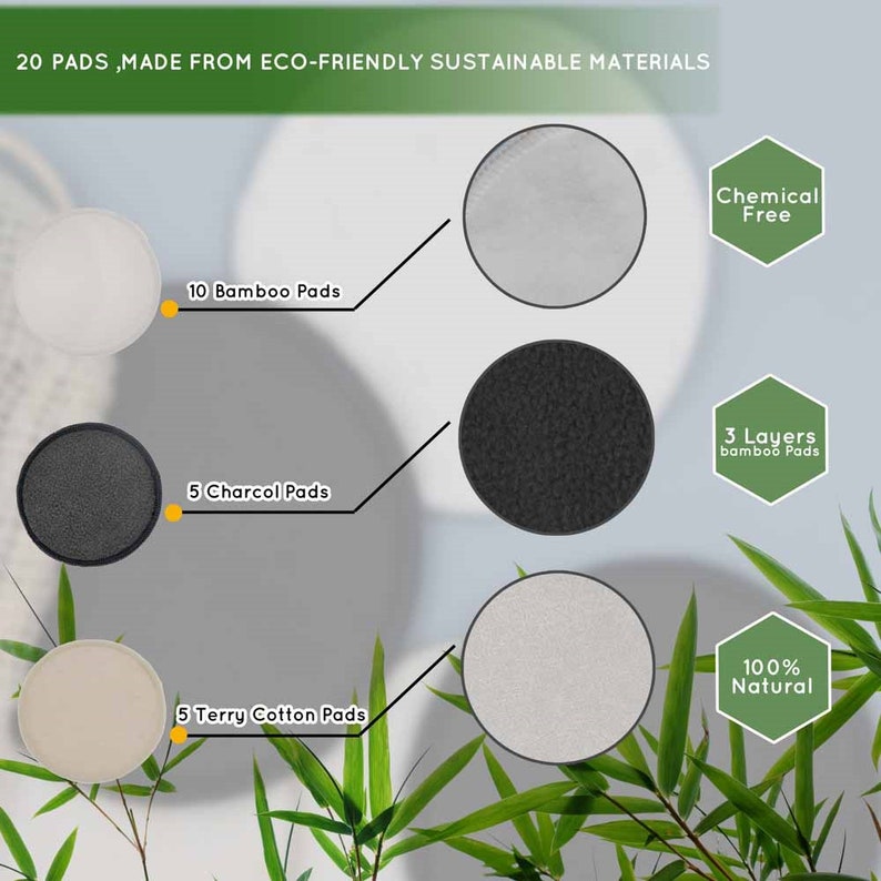 K&ouml;nnte beinhalten: Ein Set mit 20 wiederverwendbaren Abschminkpads aus umweltfreundlichen, nachhaltigen Materialien. Das Set enth&auml;lt 10 Bambuspads, 5 Aktivkohlepads und 5 Frottee-Baumwollpads. Die Pads sind chemikalienfrei und 100 % nat&uuml;rlich.