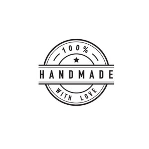 May include: Black and white circular stamp with the text "100% Handmade with Love" and a star in the center.