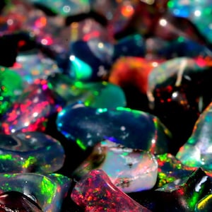 Op de afbeelding: Een close-up van een verzameling zwarte opaal edelstenen. De opalen zijn iriserend en tonen een verscheidenheid aan kleuren, waaronder groen, blauw, rood en paars.