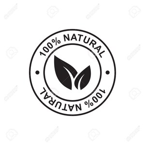 May include: Black and white circular stamp with the text "100% NATURAL" and "100% NATURAL" in a circle around a graphic of two green leaves.