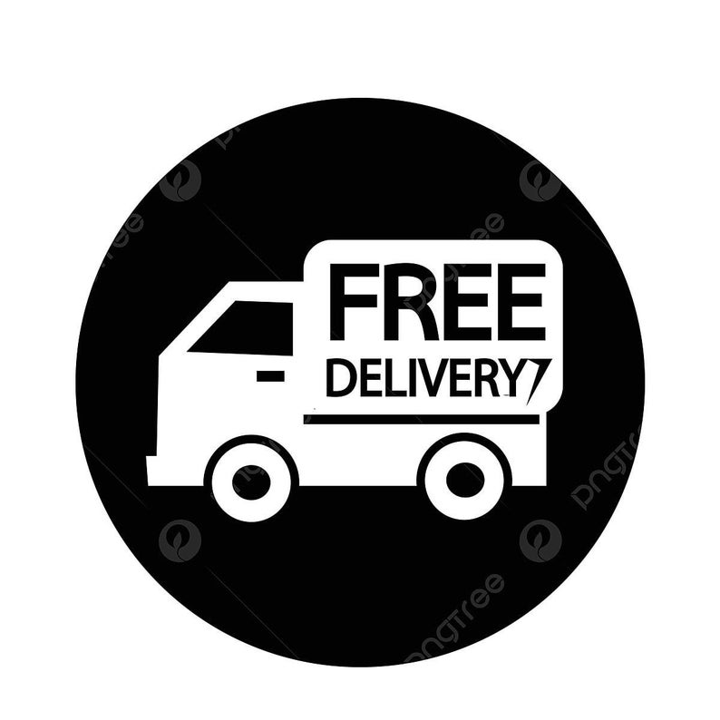 May include: Black and white icon of a delivery truck with the words "FREE DELIVERY" on the side.