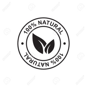 May include: Black and white circular stamp with the text "100% NATURAL" and "100% NATURAL" in a circle around a stylized image of two green leaves.