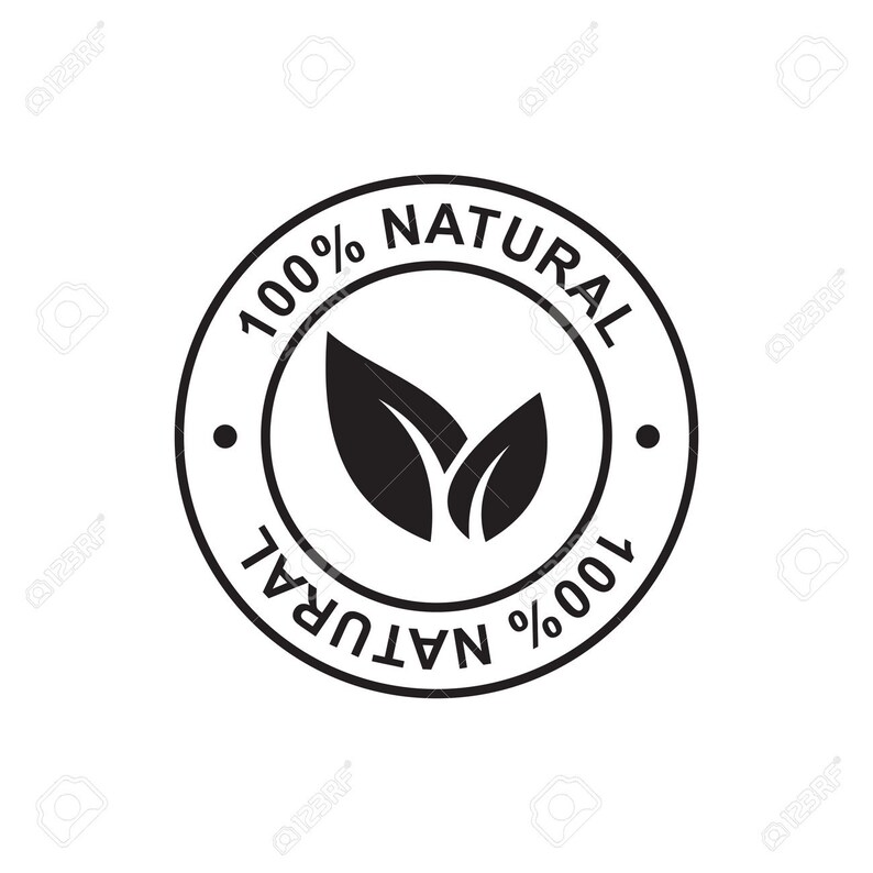 May include: Black and white circular stamp with the text "100% NATURAL" and "100% NATURAL" in a circle around a stylized image of two green leaves.