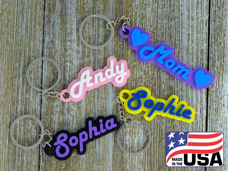 Personalized Keychain in RETRO FONT - 2 Color - Custom Keychain, Keyring, Name Tag 