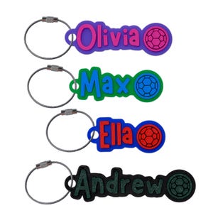 Soccer Ball in Betsy Font Custom Water Bottle Name Tag, Luggage Label Personalize Customized Personalized Customizable Nametag