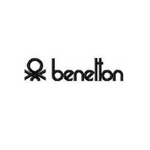 May include: Black and white logo for the clothing brand Benetton. The logo features a stylized symbol of a person with arms outstretched, followed by the word "Benetton" in all caps.